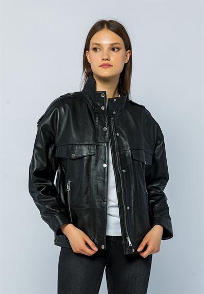 Basics And More Basics&More Women Oversize Black Leather Jacket - Oversize