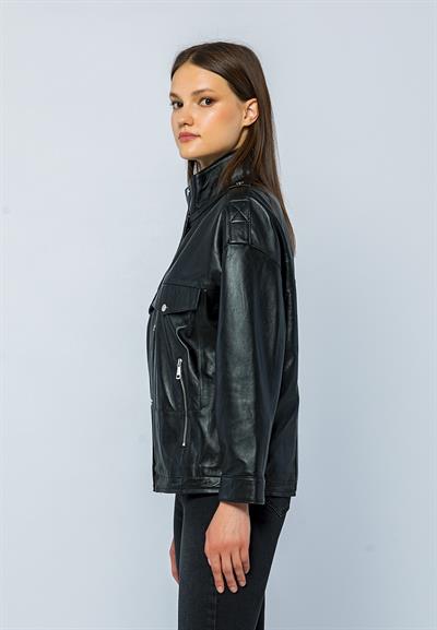 Basics And More Basics&More Women Oversize Black Leather Jacket - Oversize