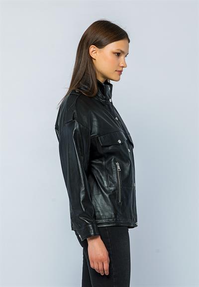 Basics And More Basics&More Women Oversize Black Leather Jacket - Oversize