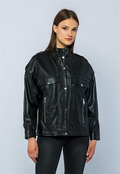 basics and more Basics&More Women Oversize Black Leather Jacket - Oversize