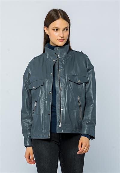 Basics And More Basics&More Women Oversize Grey Leather Jacket - Oversize