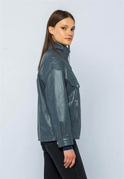 Basics And More Basics&More Women Oversize Grey Leather Jacket - Oversize