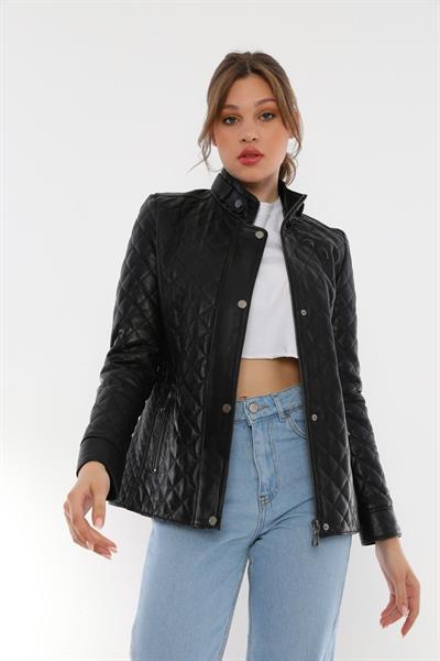 Basics And More Basics&More Women Quilted Black Leather Jacket - Dunna