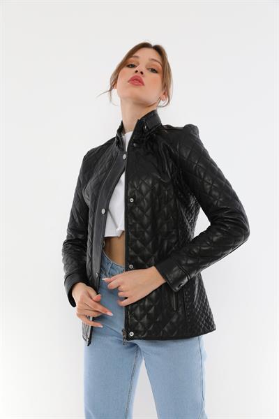 Basics And More Basics&More Women Quilted Black Leather Jacket - Dunna