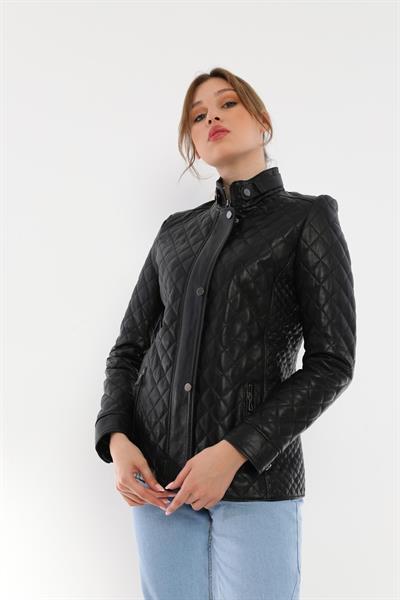 Basics And More Basics&More Women Quilted Black Leather Jacket - Dunna