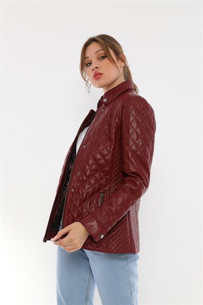 Basics And More Basics&More Women Quilted Burgundy Leather Jacket - Dunna