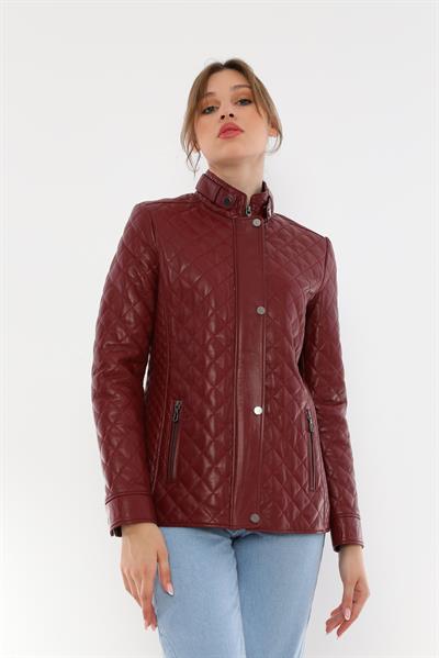 Basics And More Basics&More Women Quilted Burgundy Leather Jacket - Dunna
