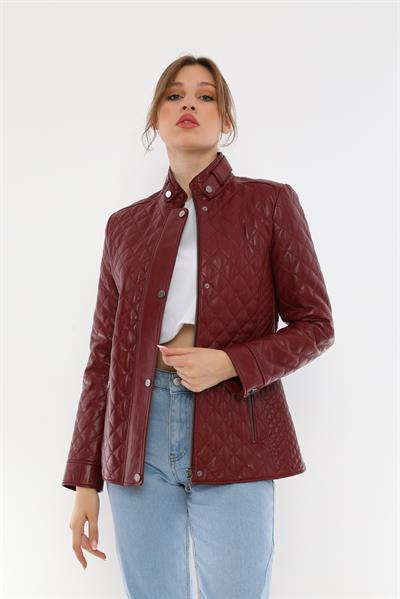 Basics And More Basics&More Women Quilted Burgundy Leather Jacket - Dunna
