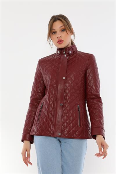 basics and more Basics&More Women Quilted Burgundy Leather Jacket - Dunna