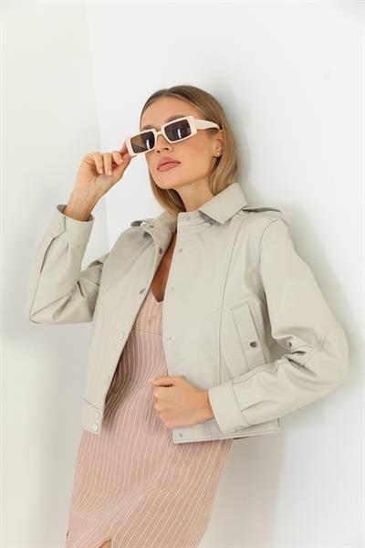 Basics And More Basics&More Women Quilted Button Beige Leather Jacket - KENDALL