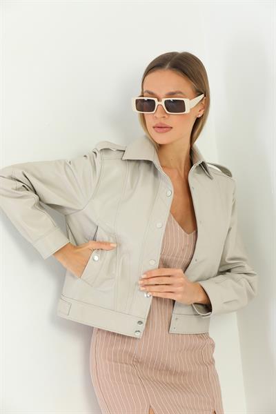 Basics And More Basics&More Women Quilted Button Beige Leather Jacket - KENDALL
