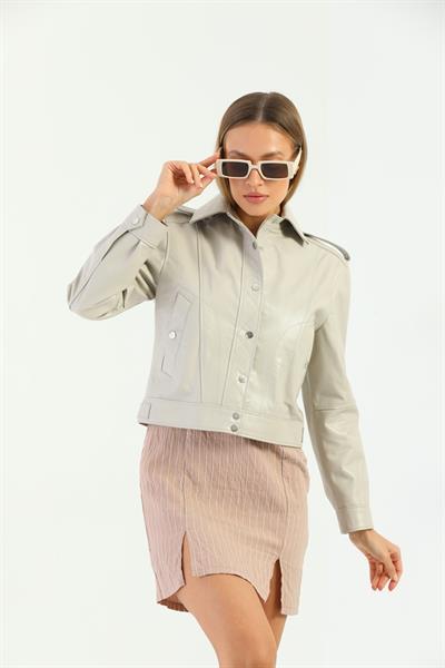 basics and more Basics&More Women Quilted Button Beige Leather Jacket - KENDALL