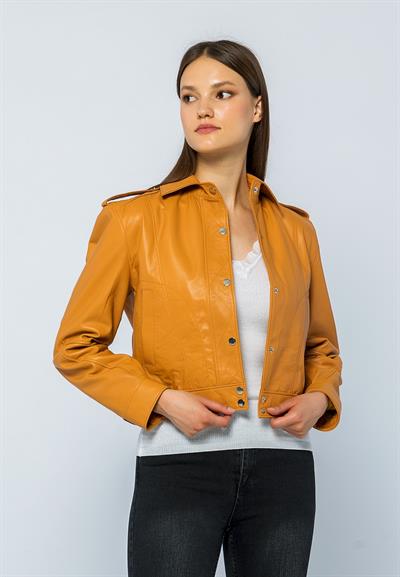 Basics And More Basics&More Women Quilted Button Camel Leather Jacket - KENDALL