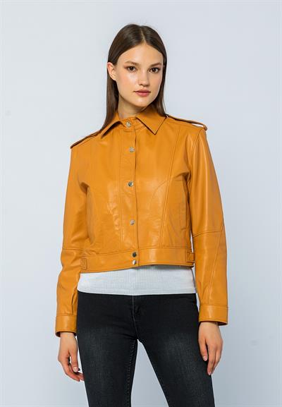 basics and more Basics&More Women Quilted Button Camel Leather Jacket - KENDALL