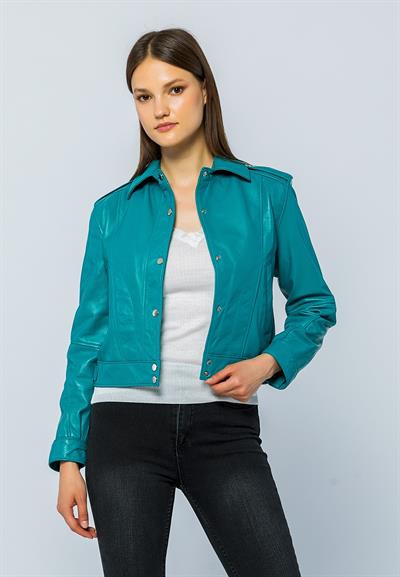 Basics And More Basics&More Women Quilted Button Turquoise Leather Jacket - KENDALL