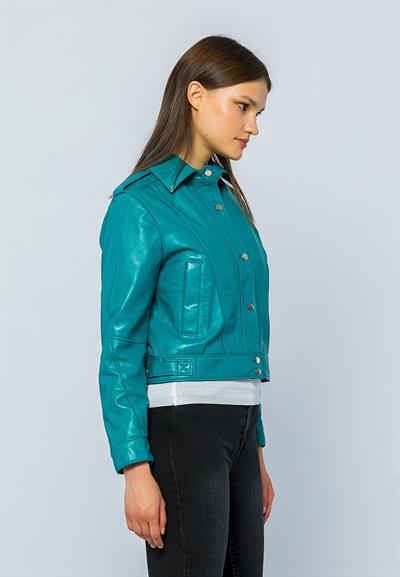Basics And More Basics&More Women Quilted Button Turquoise Leather Jacket - KENDALL