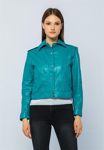 basics and more Basics&More Women Quilted Button Turquoise Leather Jacket - KENDALL
