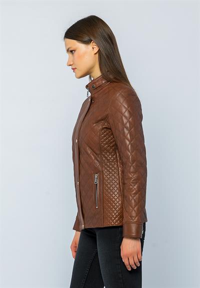 Basics And More Basics&More Women Quilted Chestnut Leather Jacket - Dunna