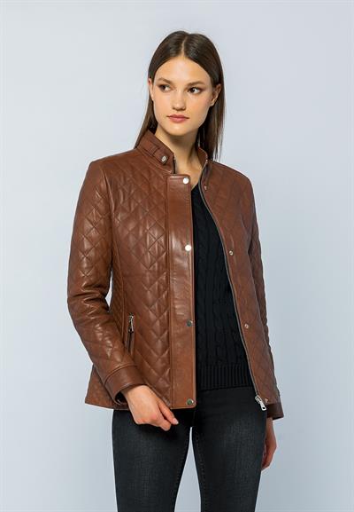 Basics And More Basics&More Women Quilted Chestnut Leather Jacket - Dunna