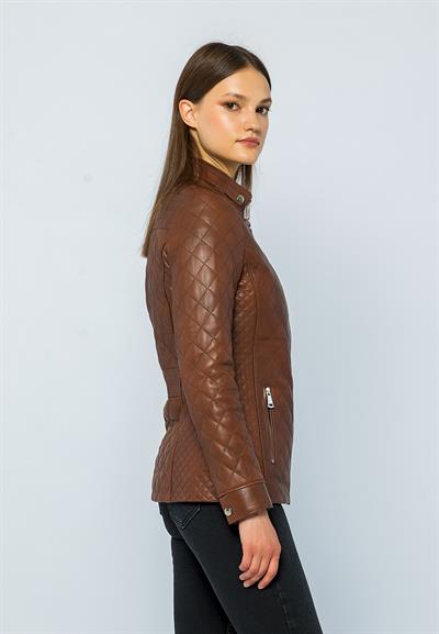 Basics And More Basics&More Women Quilted Chestnut Leather Jacket - Dunna