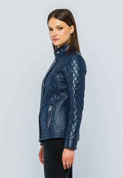 Basics And More Basics&More Women Quilted Dark Blue Leather Jacket - Dunna