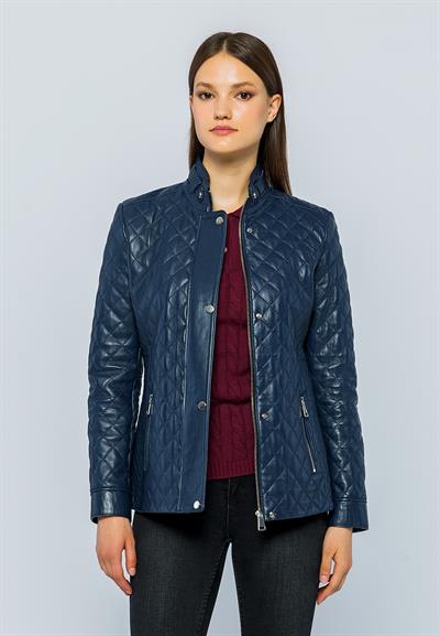 Basics And More Basics&More Women Quilted Dark Blue Leather Jacket - Dunna