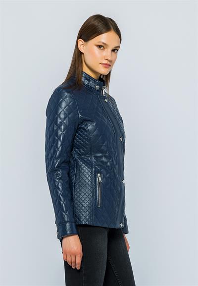 Basics And More Basics&More Women Quilted Dark Blue Leather Jacket - Dunna