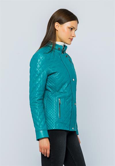 Basics And More Basics&More Women Quilted Turquoise Leather Jacket Dunna