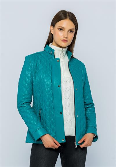 Basics And More Basics&More Women Quilted Turquoise Leather Jacket Dunna