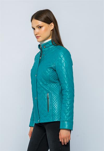 Basics And More Basics&More Women Quilted Turquoise Leather Jacket Dunna