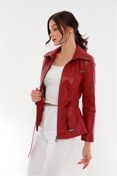 Basics And More Basics&More Women Red Leather Jacket With Waist Belt - AZRA