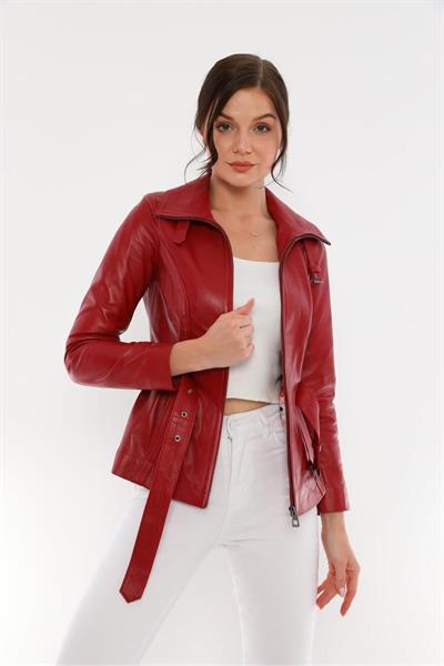 basics and more Basics&More Women Red Leather Jacket with Waist Belt - AZRA