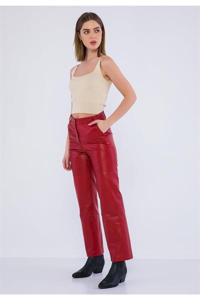 Basics And More Basics&More Women Red Leather Trousers With Side Pockets - P03