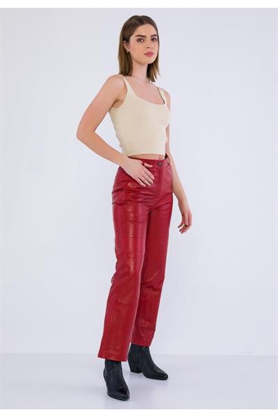 Basics And More Basics&More Women Red Leather Trousers With Side Pockets - P03