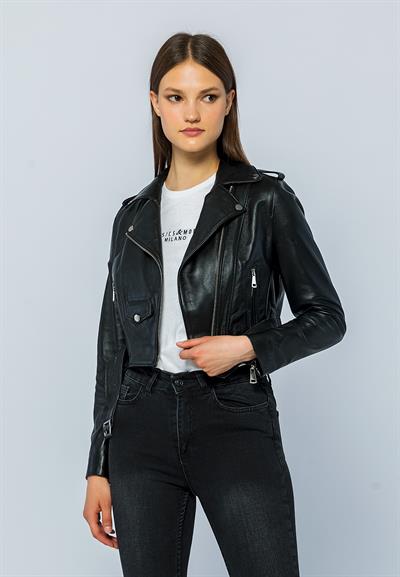 Basics And More Basics&More Women Short Belted Black Leather Jacket - CASIE
