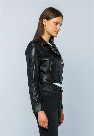 Basics And More Basics&More Women Short Belted Black Leather Jacket - CASIE