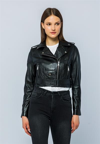 basics and more Basics&More Women Short Belted Black Leather Jacket - CASIE