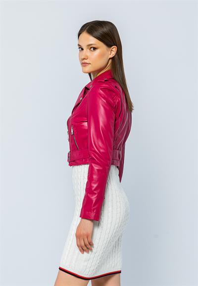 Basics And More Basics&More Women Short Belted Fuchsia Leather Jacket - CASIE