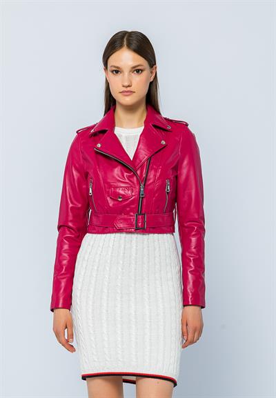 Basics And More Basics&More Women Short Belted Fuchsia Leather Jacket - CASIE