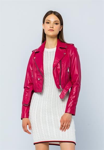 Basics And More Basics&More Women Short Belted Fuchsia Leather Jacket - CASIE