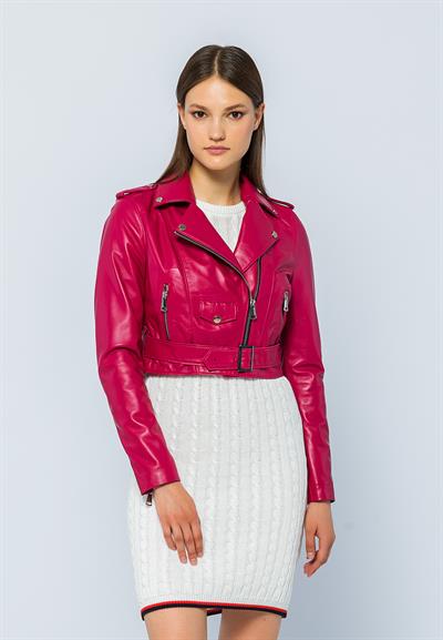 basics and more Basics&More Women Short Belted Fuchsia Leather Jacket - CASIE
