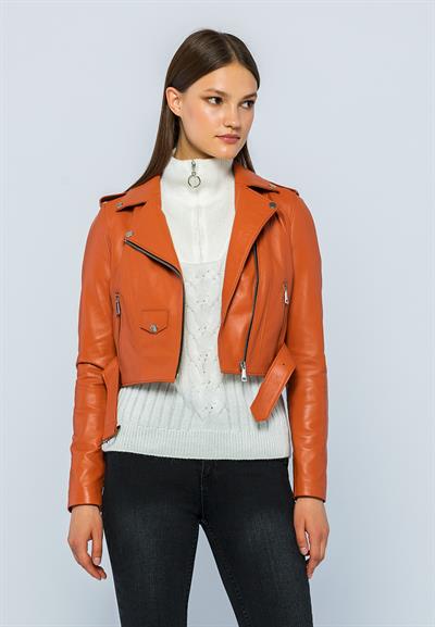 Basics And More Basics&More Women Short Belted Orange Leather Jacket - CASIE
