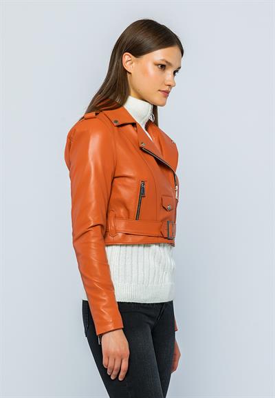 Basics And More Basics&More Women Short Belted Orange Leather Jacket - CASIE