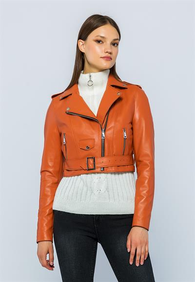 basics and more Basics&More Women Short Belted Orange Leather Jacket - CASIE