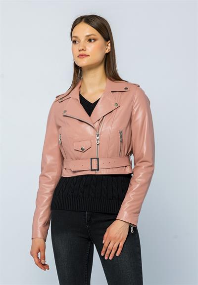 Basics And More Basics&More Women Short Belted Powder Leather Jacket - CASIE