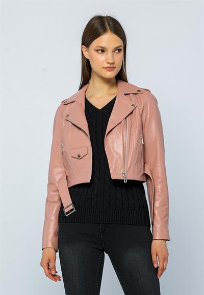 Basics And More Basics&More Women Short Belted Powder Leather Jacket - CASIE