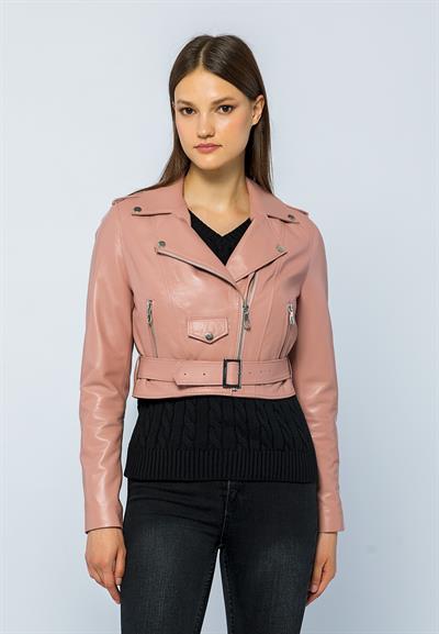 basics and more Basics&More Women Short Belted Powder Leather Jacket - CASIE