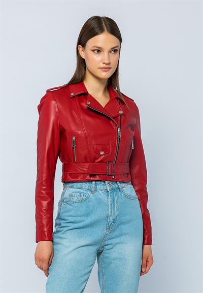 Basics And More Basics&More Women Short Belted Red Leather Jacket - CASIE