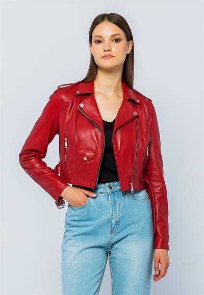 Basics And More Basics&More Women Short Belted Red Leather Jacket - CASIE