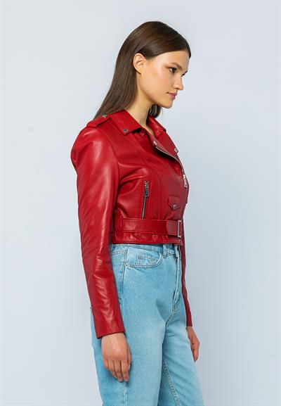Basics And More Basics&More Women Short Belted Red Leather Jacket - CASIE